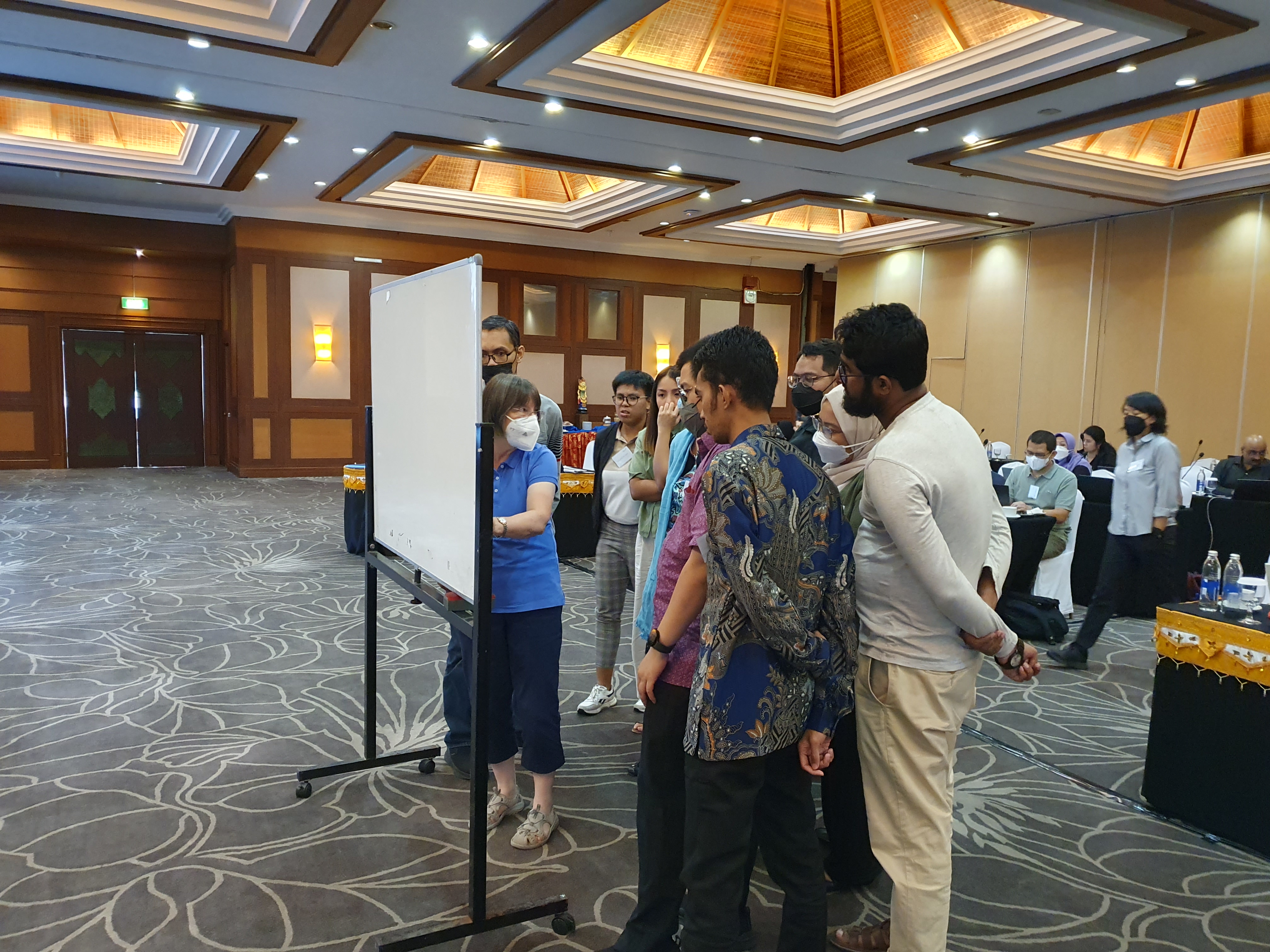 Photograph showing Doctor Patricia Campbell explaining work on a whiteboard at the front of the room. There is approximatley 10 people listening to her explanation.